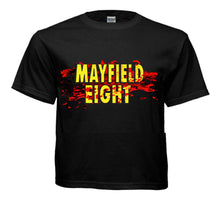 Load image into Gallery viewer, Black t-shirt with Splattered Mayfield Eight logo