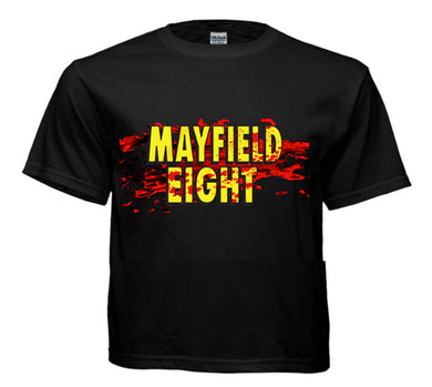 Black t-shirt with Splattered Mayfield Eight logo
